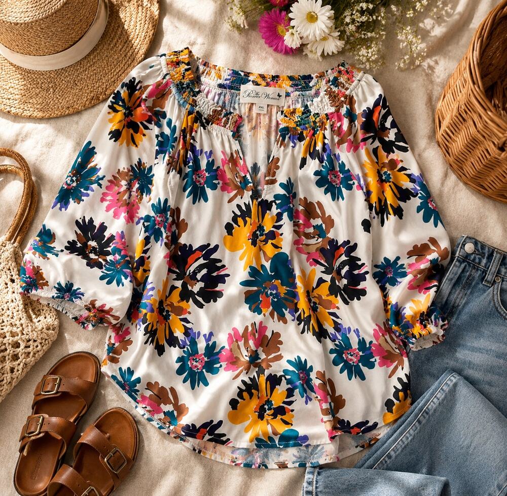 The Pioneer Woman Floral Peasant Blouse XXL Boho Rayon 3/4 Sleeve Top